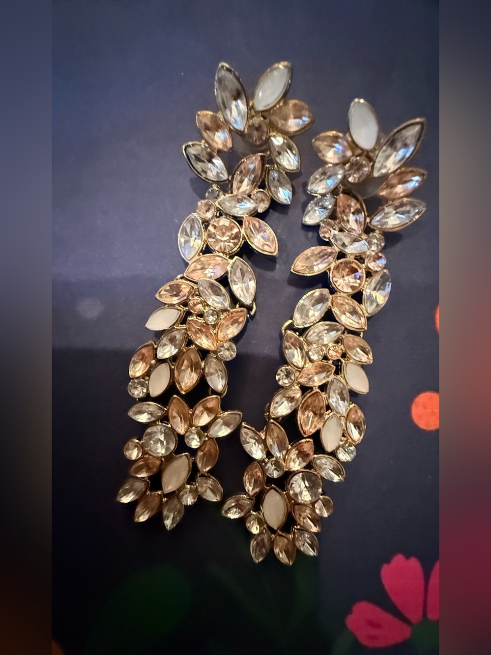 Crystal Floral Drop Earrings - Gold and Champagne